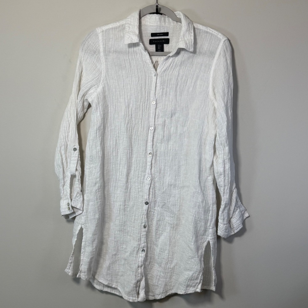 Tahari Linen Gauze Tunic Shirt Women S White Crinkle Button Blouse Minimalist